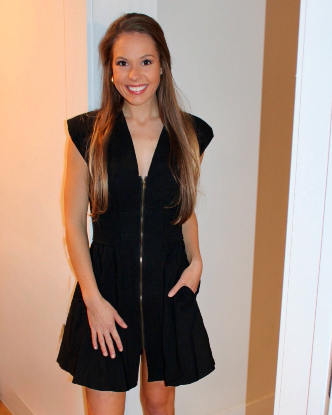 V-Neck Front Zipper Waist Smocked Mini Dress