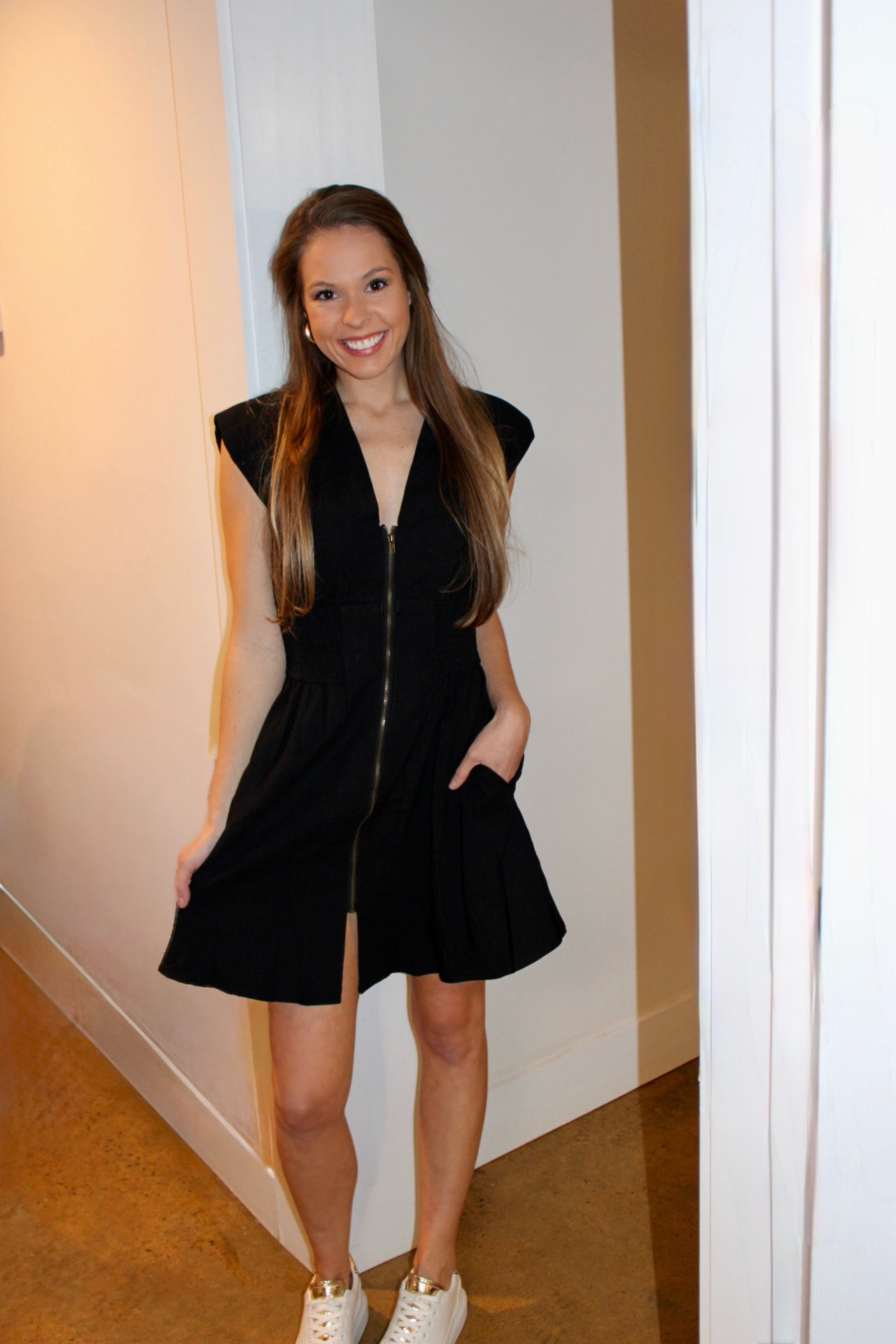 V-Neck Front Zipper Waist Smocked Mini Dress