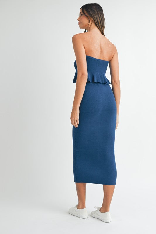 STRAPLESS RIBBED KNIT PEPLUM TOP AND MID SKIRT SET