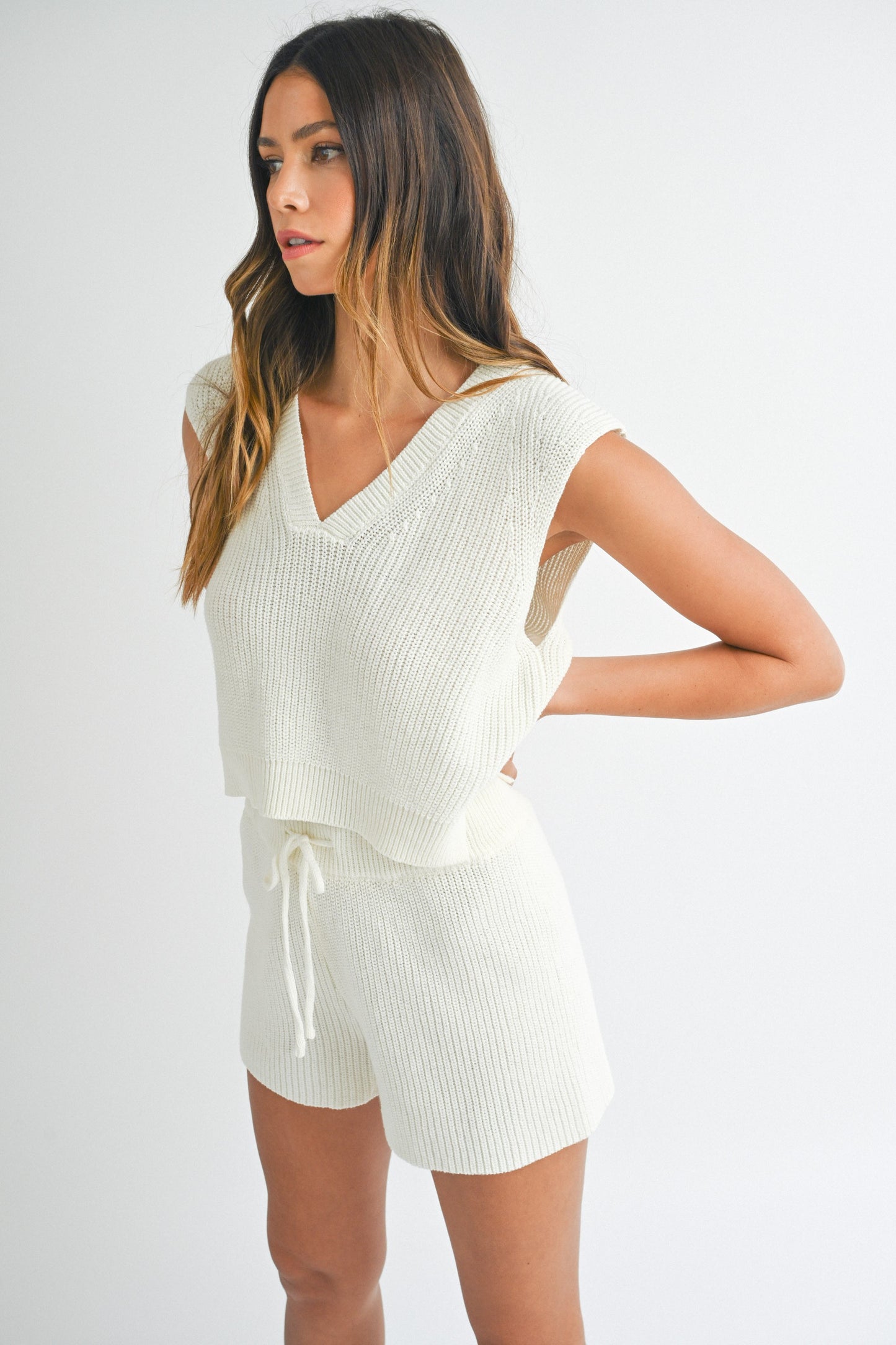 SWEATER KNIT VEST AND DRAWSTRING SHORTS SET