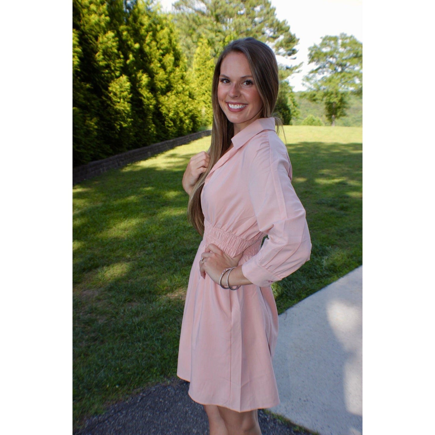 Peach Collared V-Neck Dress - Shop5thStreet